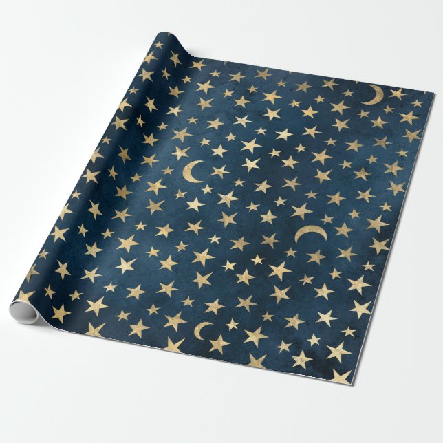 Gold Stars and Moons on Blue Wrapping Paper (Unrolled)