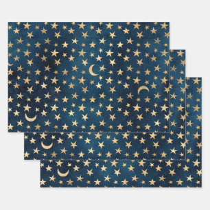 Gold Stars and Moons on Blue Wrapping Paper Sheets