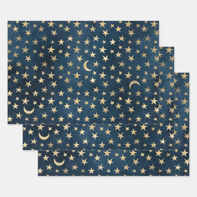 Gold Stars and Moons on Blue Wrapping Paper Sheets (Set)
