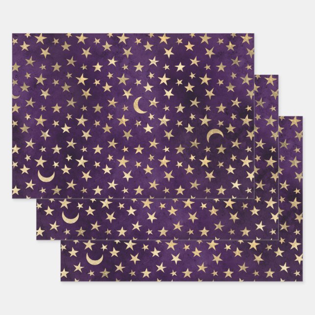 Gold Stars and Moons on Purple Wrapping Paper Sheets (Set)