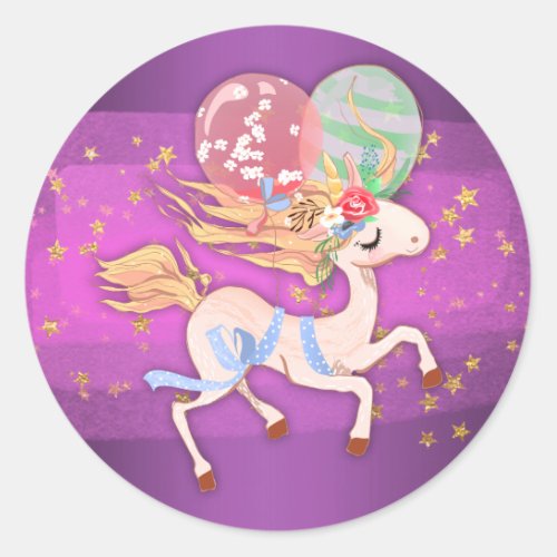 Gold Stars and Purple Unicorn Classic Round Sticker