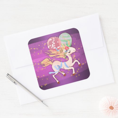 Gold Stars and Purple Unicorn Square Sticker