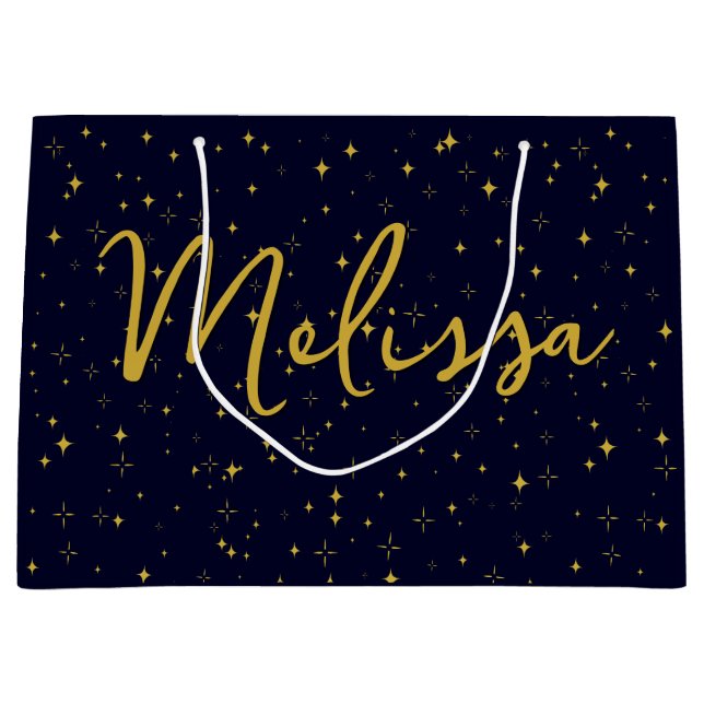 Gold Stars and Sparkles | Personalized Dark Blue Large Gift Bag (Front)
