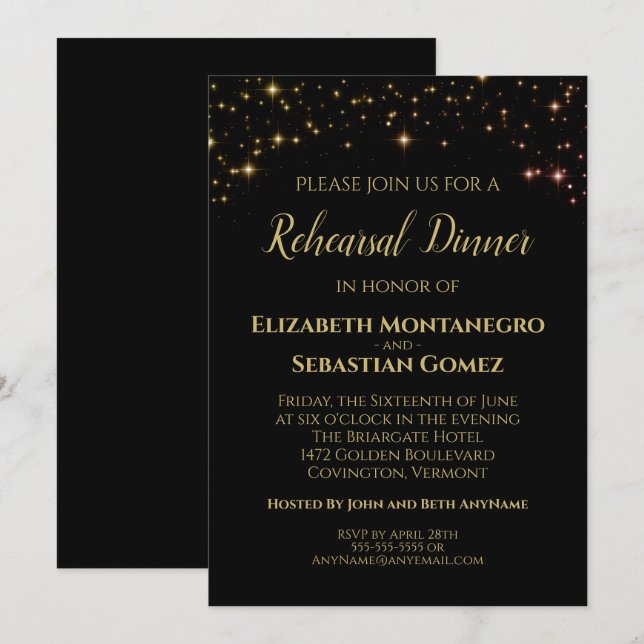 Gold Stars and Sparkles Wedding Rehearsal Dinner Invitation (Front/Back)