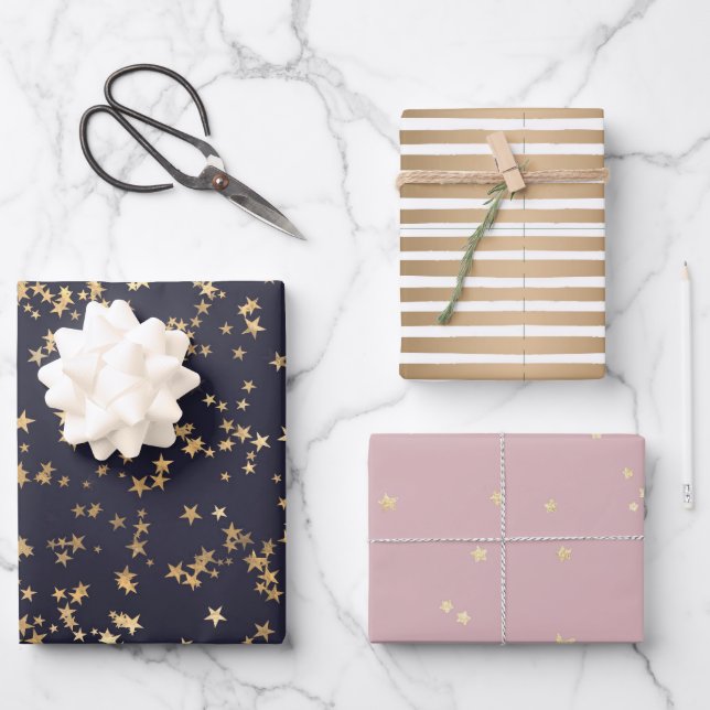 gold stars and stripes blush navy wrapping paper sheets (Front)