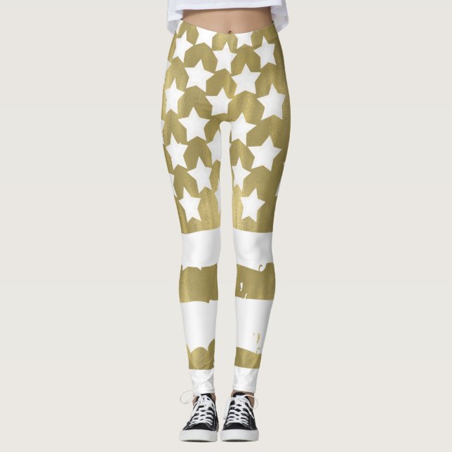 Gold Stars and Stripes USA Flag Abstract Leggings (Front)