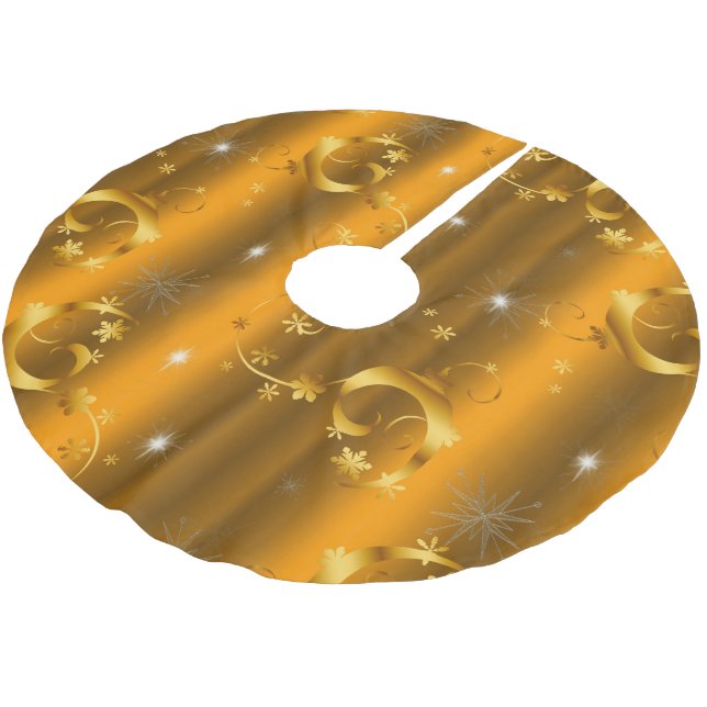 Gold Stars and Swirls Lux Christmas Brushed Polyester Tree Skirt (Angled)