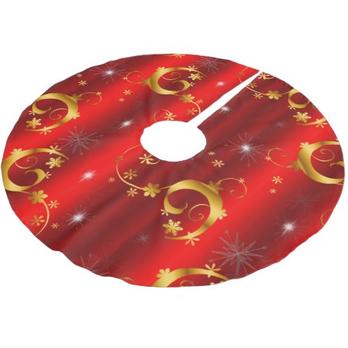 Gold Stars and Swirls Lux Red Christmas Brushed Polyester Tree Skirt