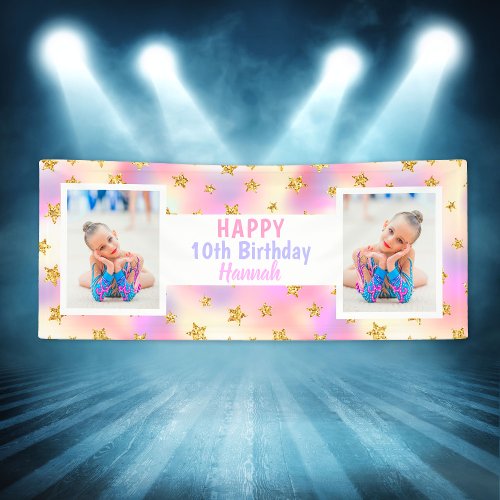 Gold Stars Any Age Girl Photo Colorful Birthday Banner