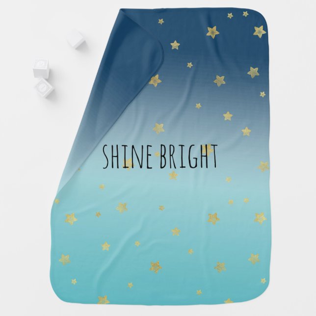 Gold Stars Aqua Blue Ombre personalized quote Baby Blanket (In Situ)