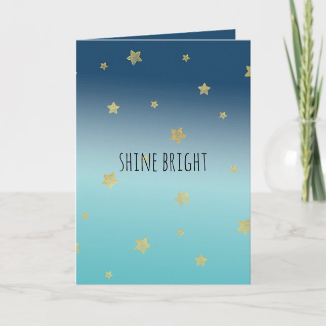 Gold Stars Aqua Blue Ombre personalized quote Card (Front)