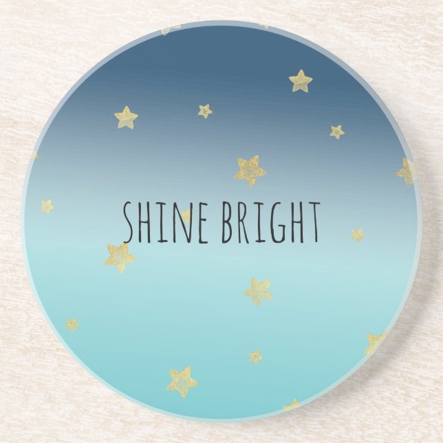 Gold Stars Aqua Blue Ombre personalized quote Coaster (Front)