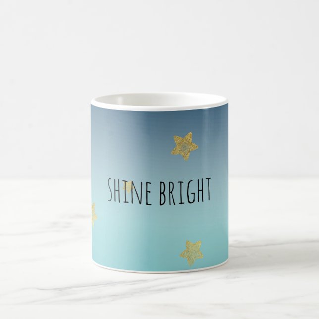 Gold Stars Aqua Blue Ombre personalized quote Coffee Mug (Center)