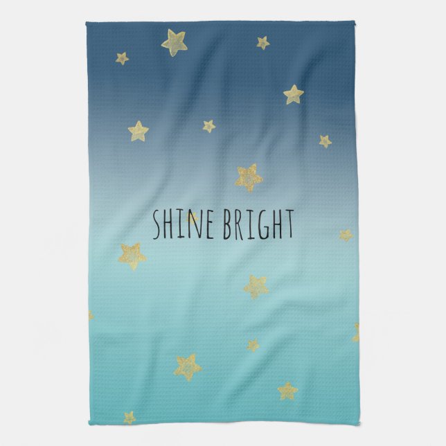 Gold Stars Aqua Blue Ombre personalized quote Kitchen Towel (Vertical)