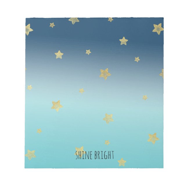 Gold Stars Aqua Blue Ombre personalized quote Notepad (Front)