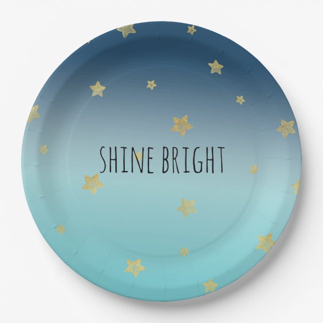 Gold Stars Aqua Blue Ombre personalized quote Paper Plates (Front)