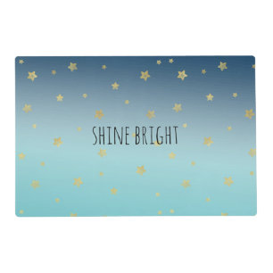 Gold Stars Aqua Blue Ombre personalized quote Placemat