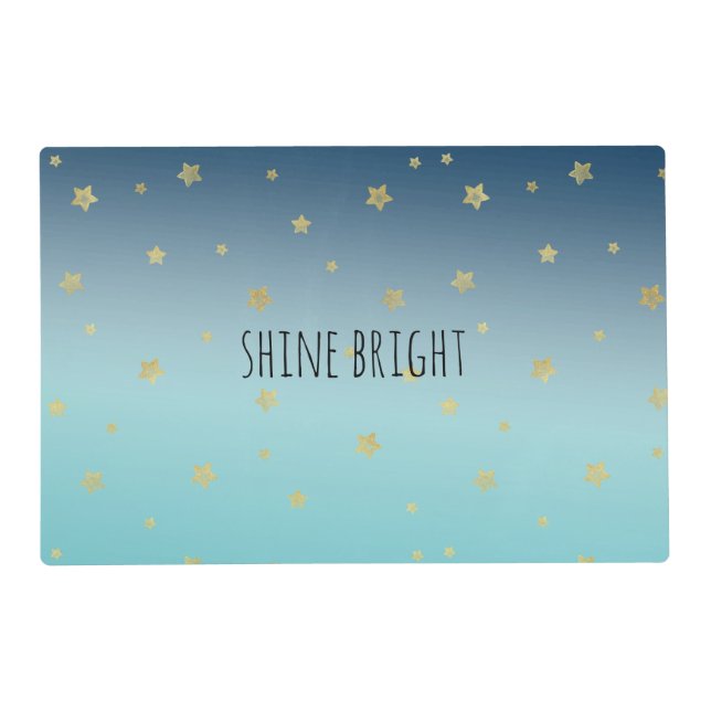 Gold Stars Aqua Blue Ombre personalized quote Placemat (Front)