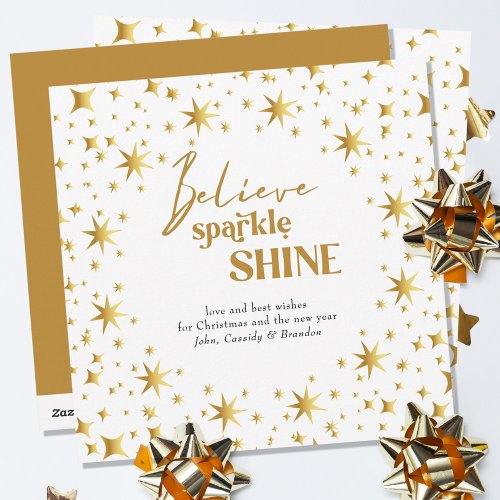 Gold Stars Believe Sparkle Shine Simple Elegant Holiday Card