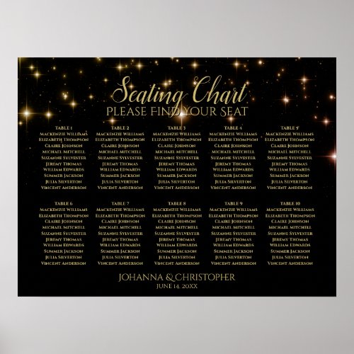 Gold Stars Black 10 Table Wedding Seating Chart