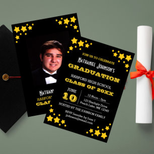 Gold Stars Black Graduation Invitation