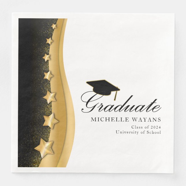 Gold Stars Black Hat Graduation Party Paper Dinner Napkins (Front)