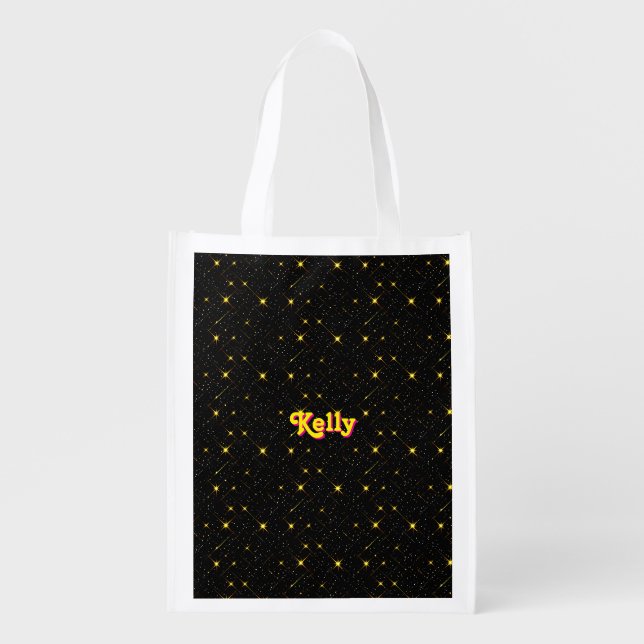 Gold Stars Black Sky Trendy Starry Pattern Grocery Bag (Front)