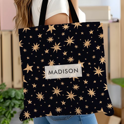 Gold Stars Black Sky Trendy Starry Tote Bag