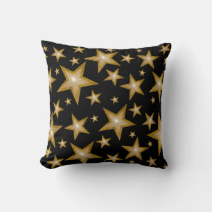 "Gold" Stars Black 'Text' square black back Throw Pillow