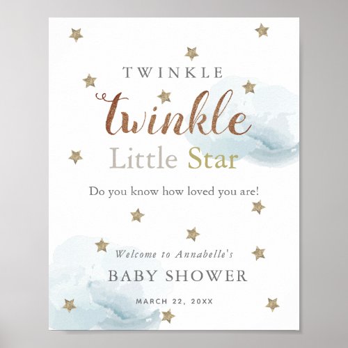 Gold Stars  Blue Clouds Baby Shower Welcome  Poster