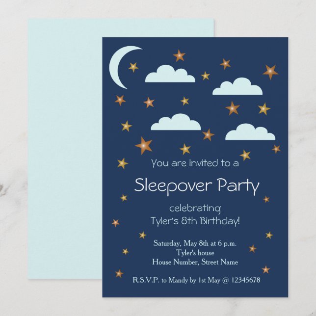 Gold Stars Blue Clouds Birthday Sleepover Party Invitation (Front/Back)
