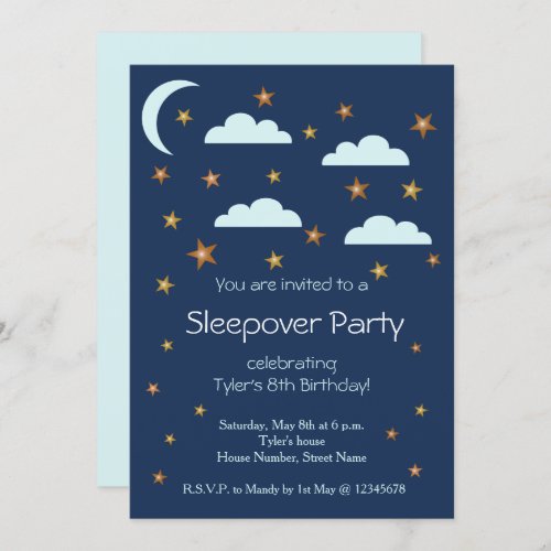 Gold Stars Blue Clouds Birthday Sleepover Party Invitation