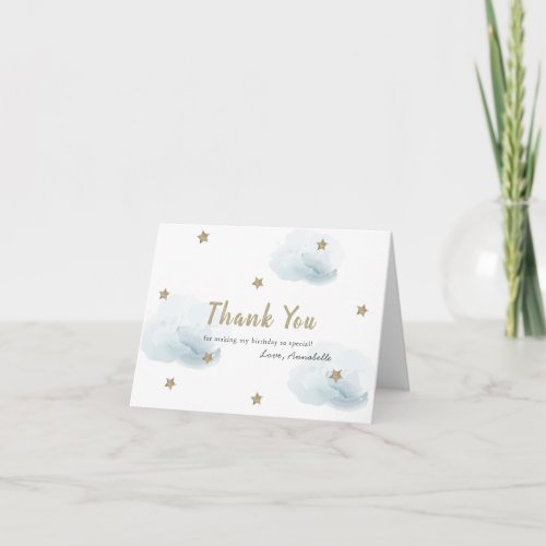 Gold Stars  Blue Clouds Birthday Thank You Card