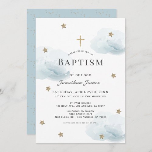 Gold Stars  Blue Clouds Boy Baptism Invitation