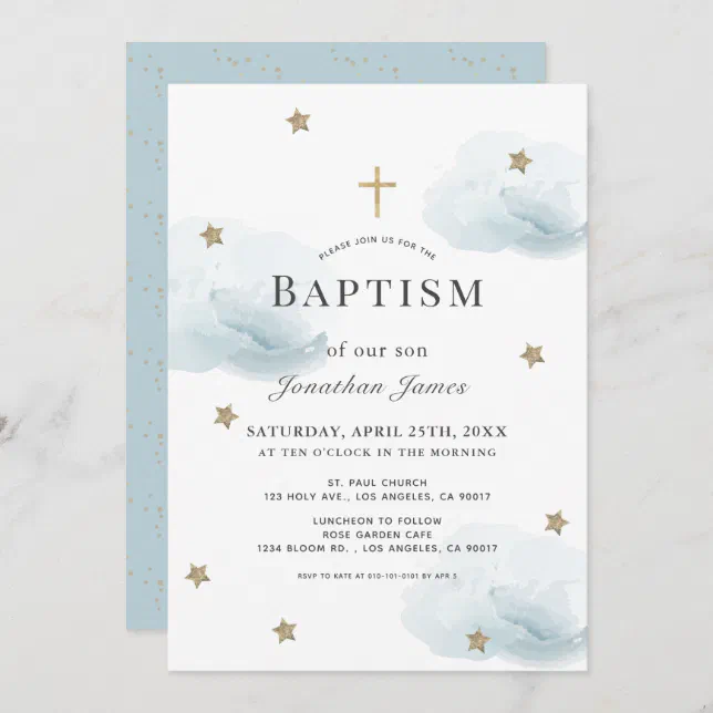 Gold Stars & Blue Clouds Boy Baptism Invitation | Zazzle