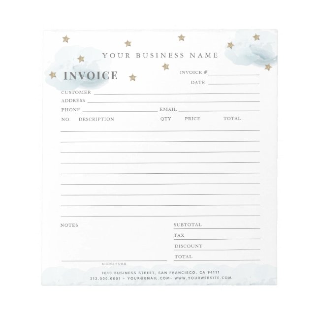 Gold Stars & Blue Clouds Invoice Notepad (Front)