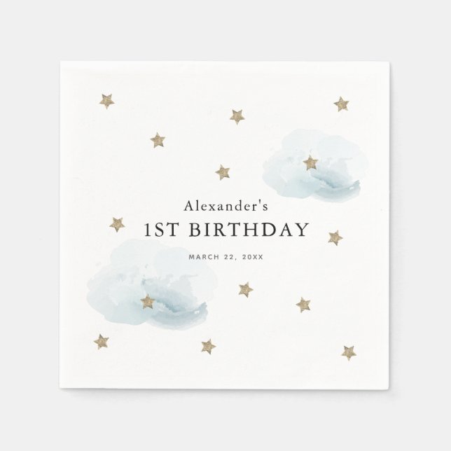 Gold Stars & Blue Clouds Kid's Birthday Napkins (Front)