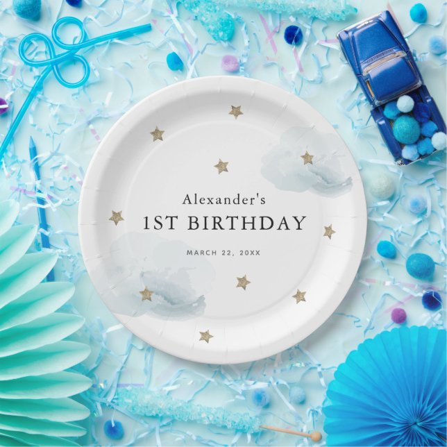 Gold Stars & Blue Clouds Kid's Birthday Paper Plates (Party)