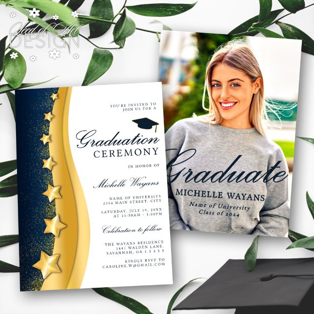 Gold Stars Blue Graduation Ceremony & Party Invitation (Creator Uploaded)