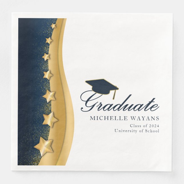 Gold Stars Blue Hat Graduation Party Paper Dinner Napkins (Front)