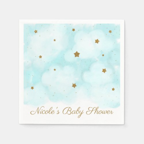 Gold Stars  Blue Sky Clouds Baby Shower Party Napkins