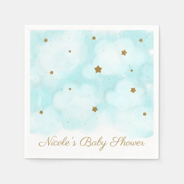 Gold Stars & Blue Sky Clouds Baby Shower Party Napkins (Front)