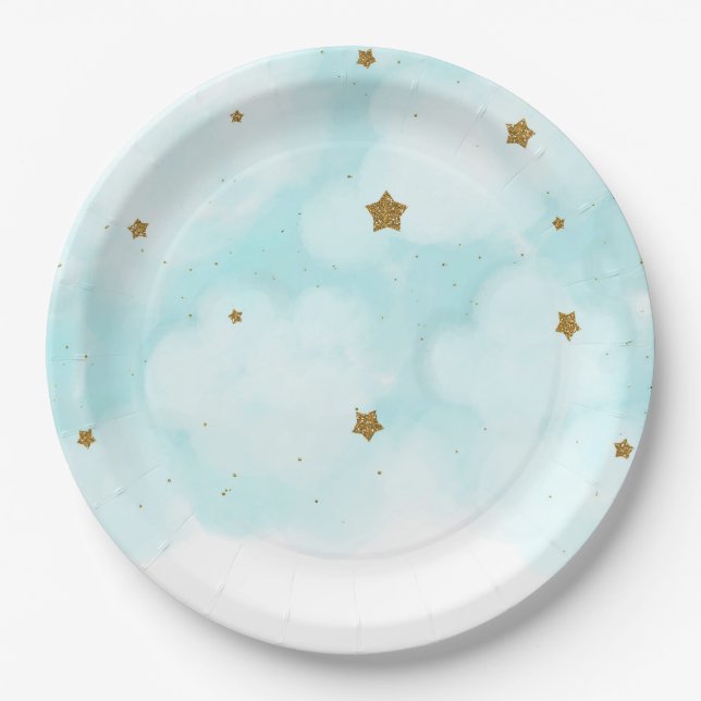 Gold Stars & Blue Sky Clouds Baby Shower Party Paper Plates (Front)