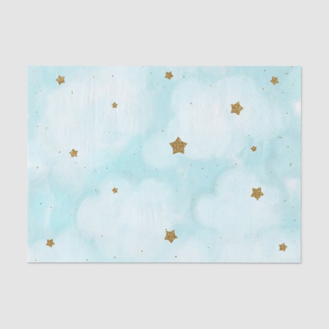 Gold Stars & Blue Sky Clouds Baby Shower Party Tissue Paper (Front)