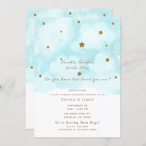 Gold Stars  Blue Sky Clouds Baby Shower Twins Invitation