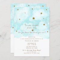 Gold Stars & Blue Sky Clouds Baby Shower Twins Invitation