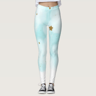 Gold Stars & Blue Sky Clouds Cute Celestial Leggings