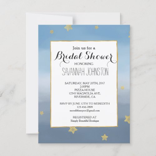 Gold Stars Blue Watercolor Sky bridal shower Invitation