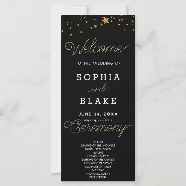 Gold Stars Celestial Black Wedding Program (Front)