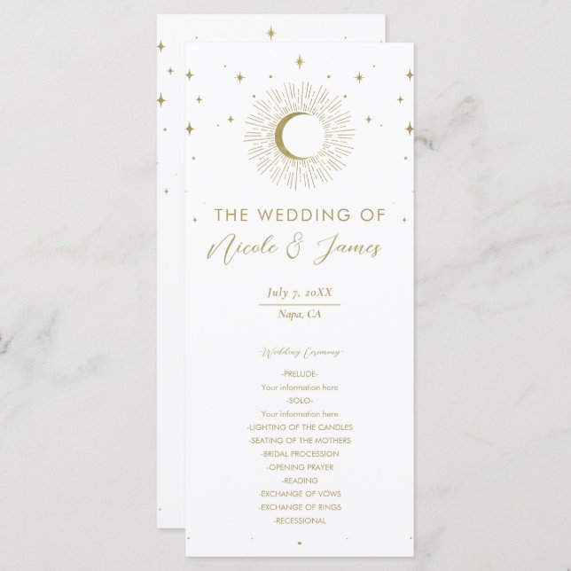 Gold Stars Celestial Sunburst Moon Wedding Program (Front/Back)